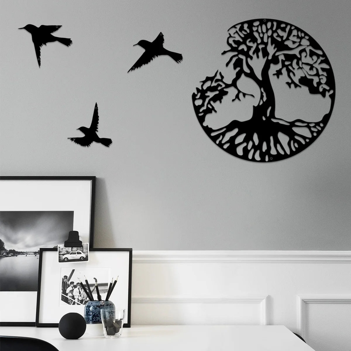 Tree of Life Wall Art Decor Metal Sculpture 11.8'' Family Tree Wall Hanging Decor with 3 Birds for Bedroom Living Room Dorm