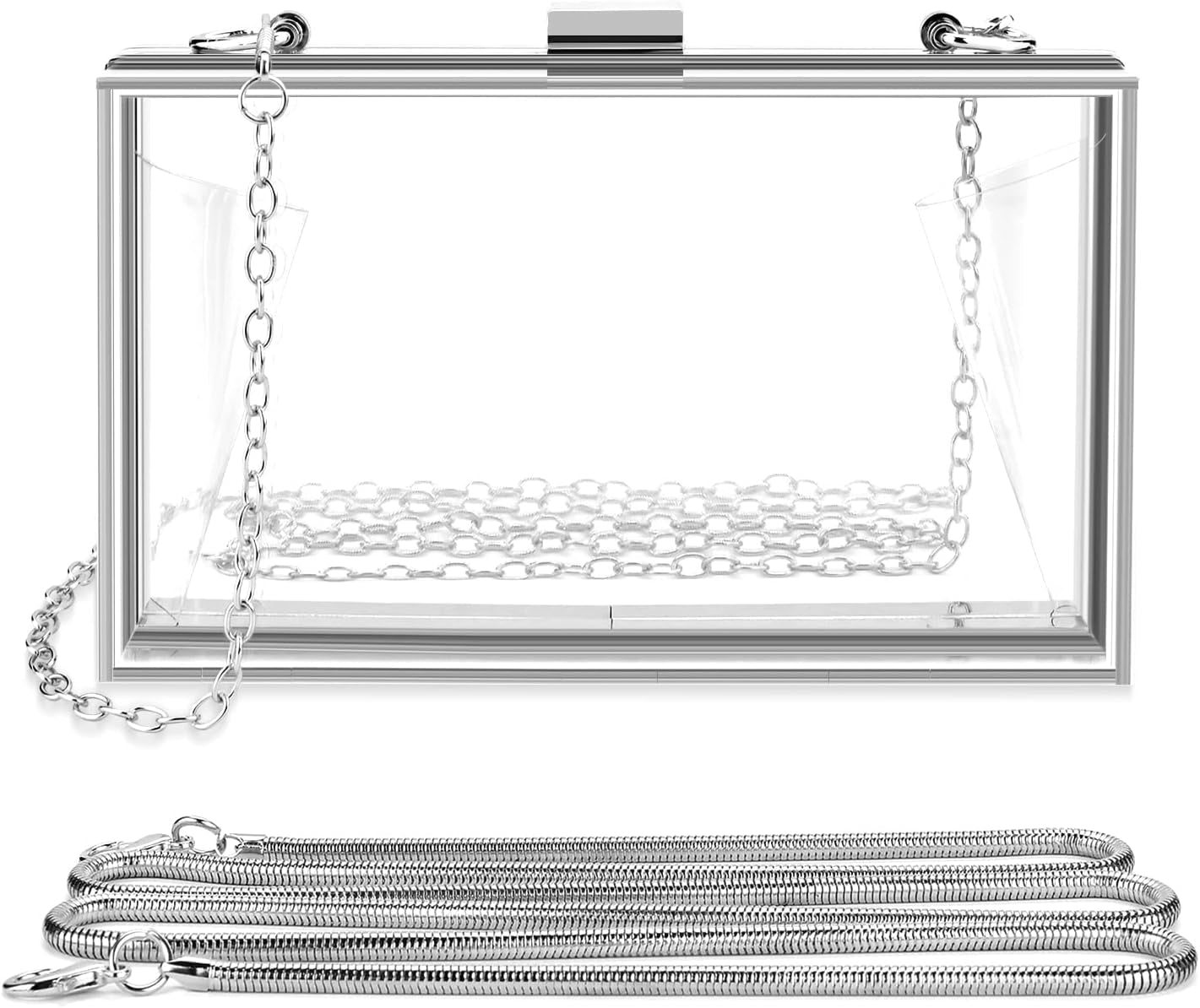 Acrylic Clear Clutch Bag, Women'S Clear Purse, Transparent Stadium Approved Crossbody Shoulder Evening Handbag with Two Detachable Chains for Wedding (Silver) (Fits Phones up to 6.5" Screen)