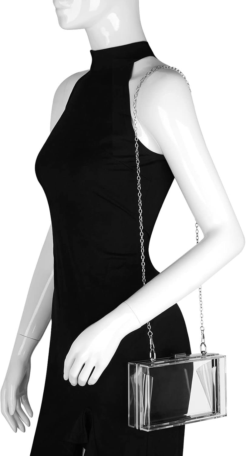 Acrylic Clear Clutch Bag, Women'S Clear Purse, Transparent Stadium Approved Crossbody Shoulder Evening Handbag with Two Detachable Chains for Wedding (Silver) (Fits Phones up to 6.5" Screen)