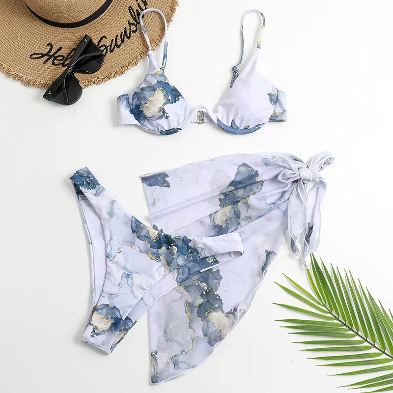 Sexy Marble Print Bikini 2021 Women Push up Bra Underwire 3 Piece Swimsuit Brazilian Beach Bathing Suit Swimwear Swimming Suits