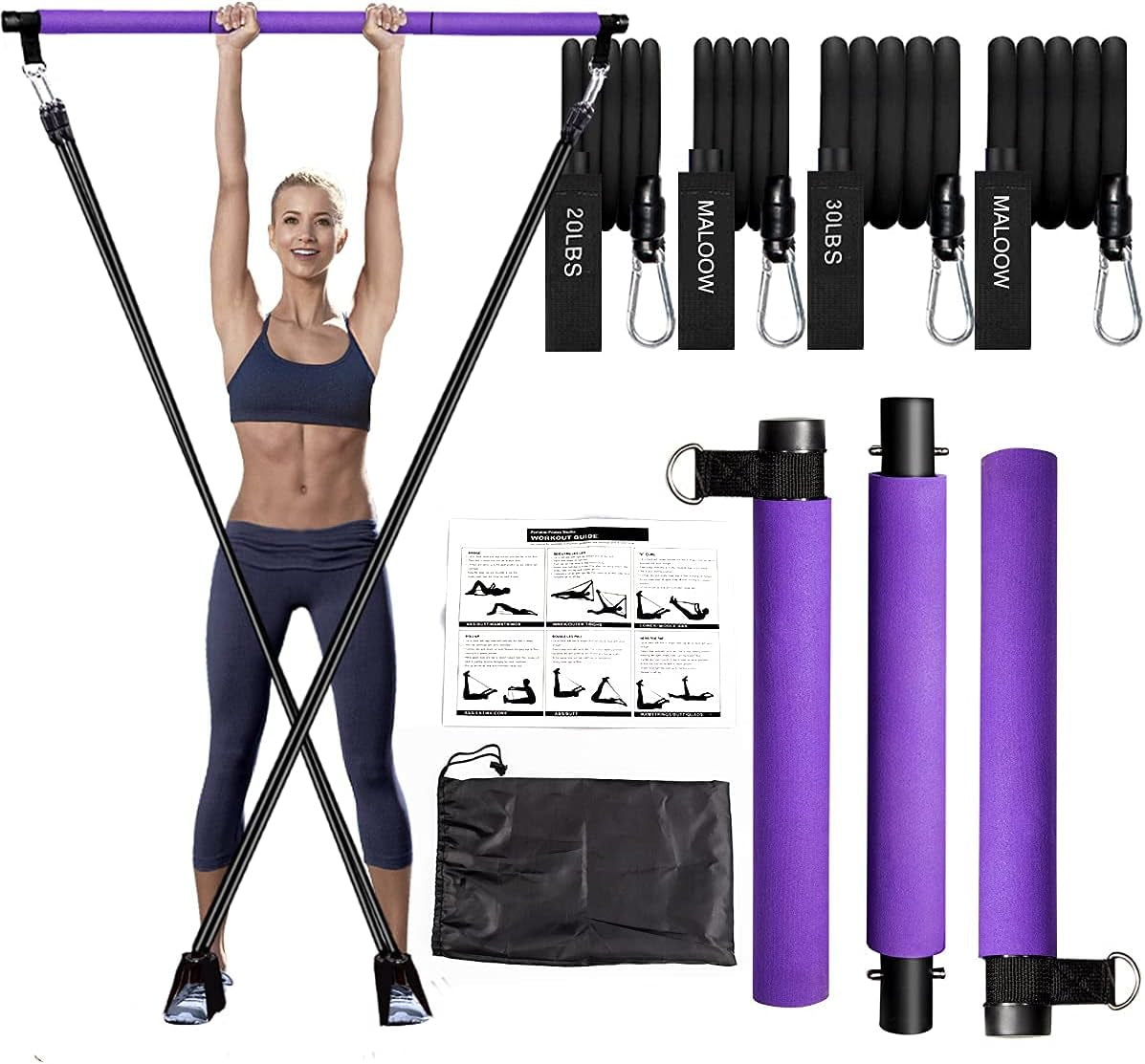 Portable Pilates Exercise Bar Kit with Adjustable 20 and 30 Pound Resistance Bands & Travel Bag for Use at Home, Gym, Office, or Travel, Purple
