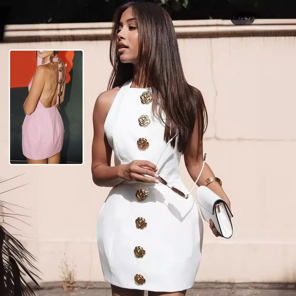 Sweet Sleeveless Backless Dress with Rose Button Design Summer Street Fashion Dresses Womens Clothing
