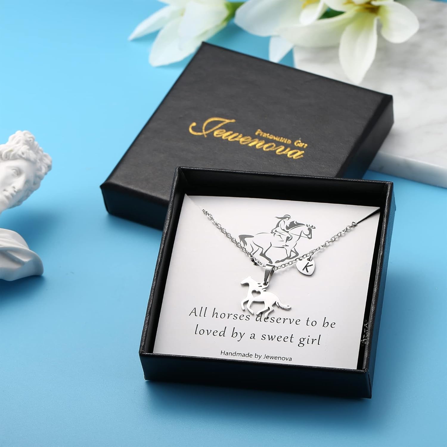 Women'S Initial K Heart Charm Necklace - Stainless Steel Dainty Horse Pendant Letter Necklace - Silver Tone