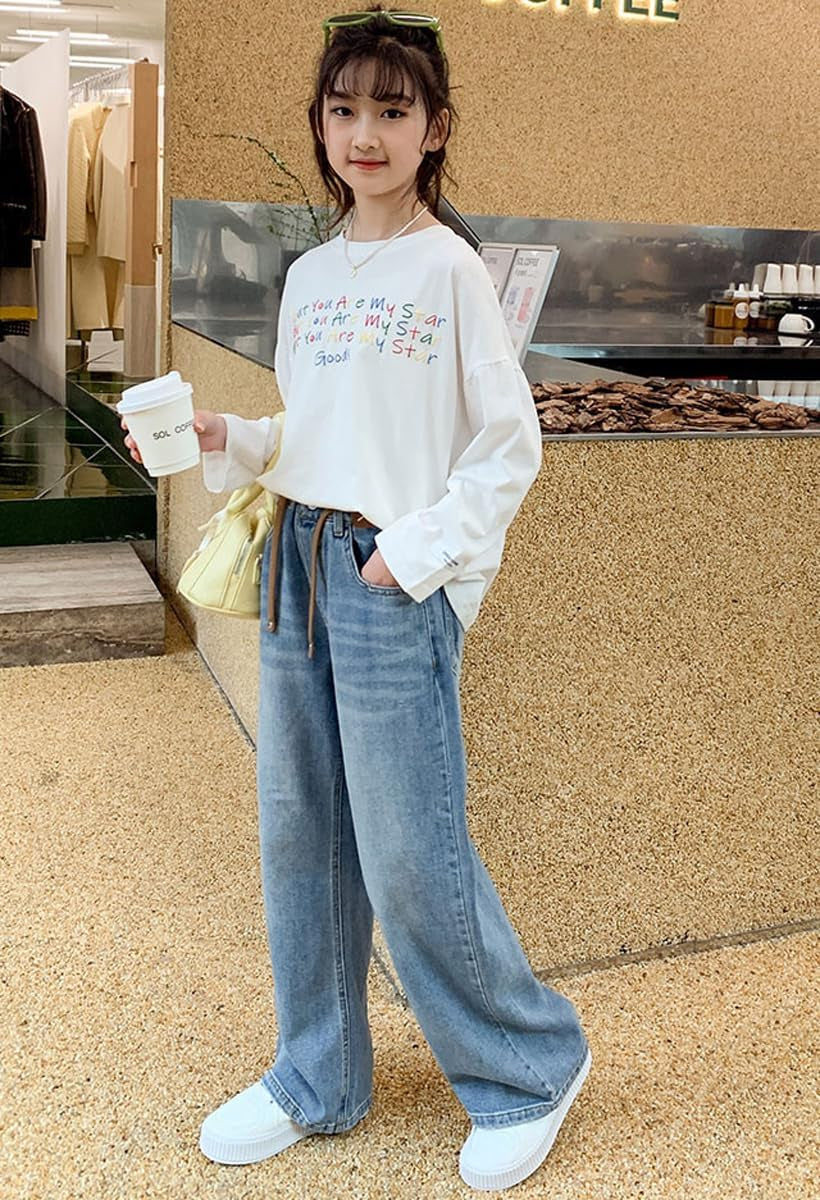 Kids Girls' Casual Wide Leg Denim Pants Elastic Waist Jeans Age 4-14 Years(Bl,12-13 Years), Blue