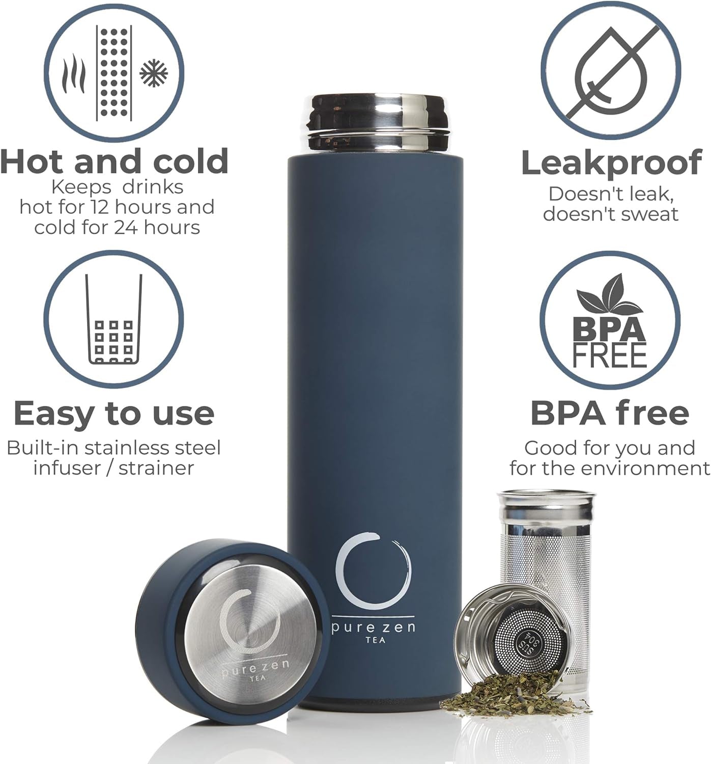 Stainless Steel Infuser Thermos for Hot and Cold Beverages - 15Oz Leakproof Travel Mug with Filter - Blue