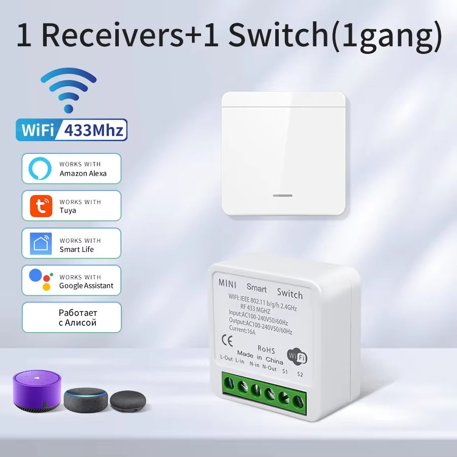 WiFi RF 433MHz Smart Switch - Tuya Smart Life Compatible with Alexa and Google Assistant for Remote Wireless Control of LED Lighting