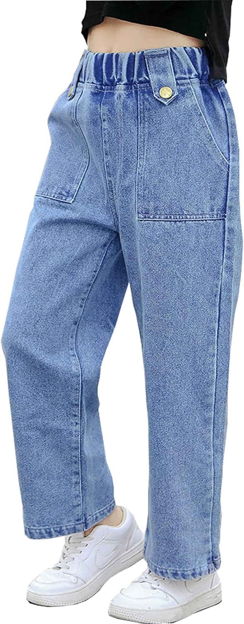 Kids Girls' Casual Wide Leg Denim Pants Elastic Waist Jeans Age 4-14 Years(Be,12-13 Years)