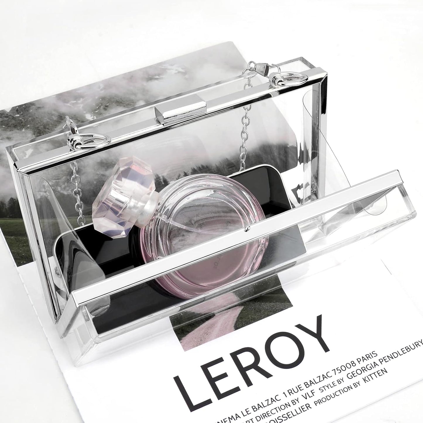 Acrylic Clear Clutch Bag, Women'S Clear Purse, Transparent Stadium Approved Crossbody Shoulder Evening Handbag with Two Detachable Chains for Wedding (Silver) (Fits Phones up to 6.5" Screen)