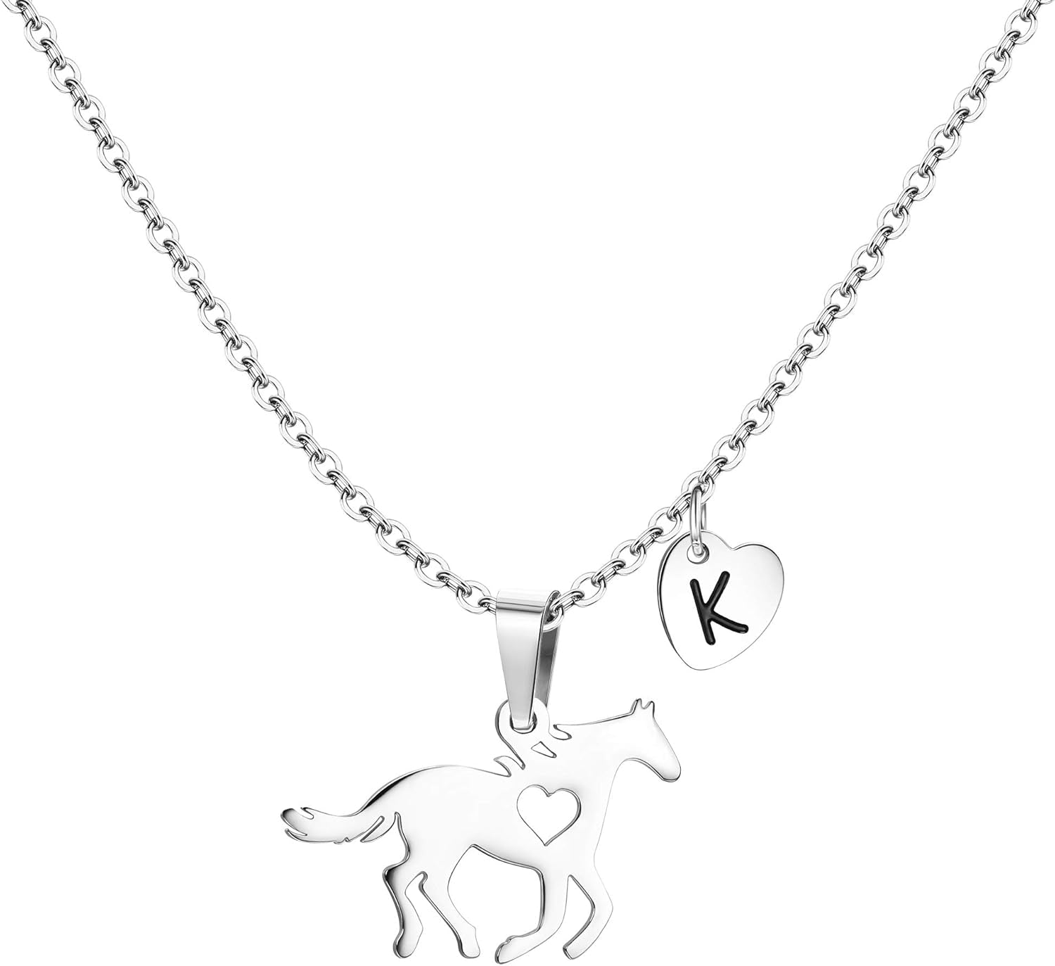 Women'S Initial K Heart Charm Necklace - Stainless Steel Dainty Horse Pendant Letter Necklace - Silver Tone