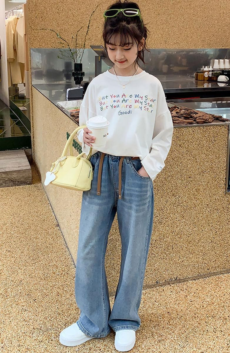 Kids Girls' Casual Wide Leg Denim Pants Elastic Waist Jeans Age 4-14 Years(Bl,12-13 Years), Blue