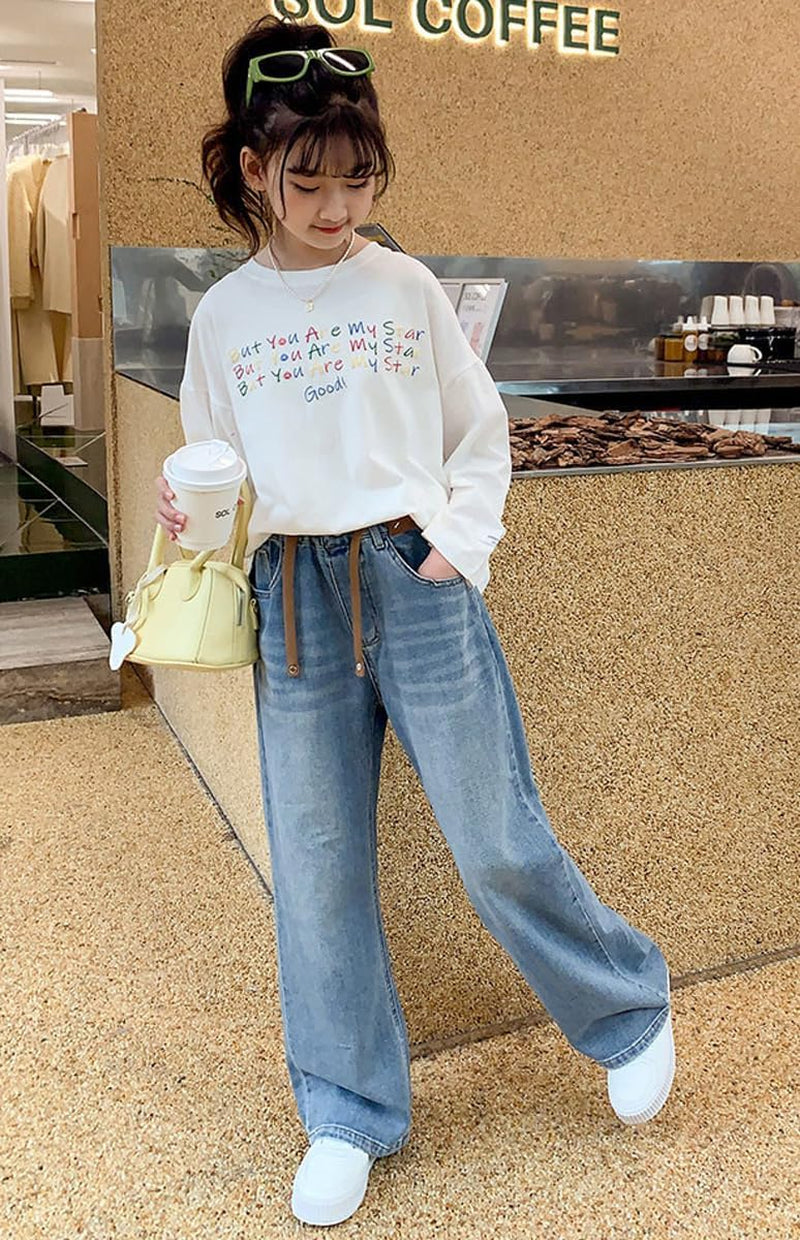 Kids Girls' Casual Wide Leg Denim Pants Elastic Waist Jeans Age 4-14 Years(Bl,12-13 Years), Blue