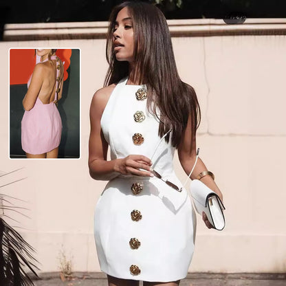 Sweet Sleeveless Backless Dress with Rose Button Design Summer Street Fashion Dresses Womens Clothing