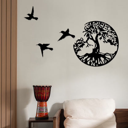 Tree of Life Wall Art Decor Metal Sculpture 11.8'' Family Tree Wall Hanging Decor with 3 Birds for Bedroom Living Room Dorm