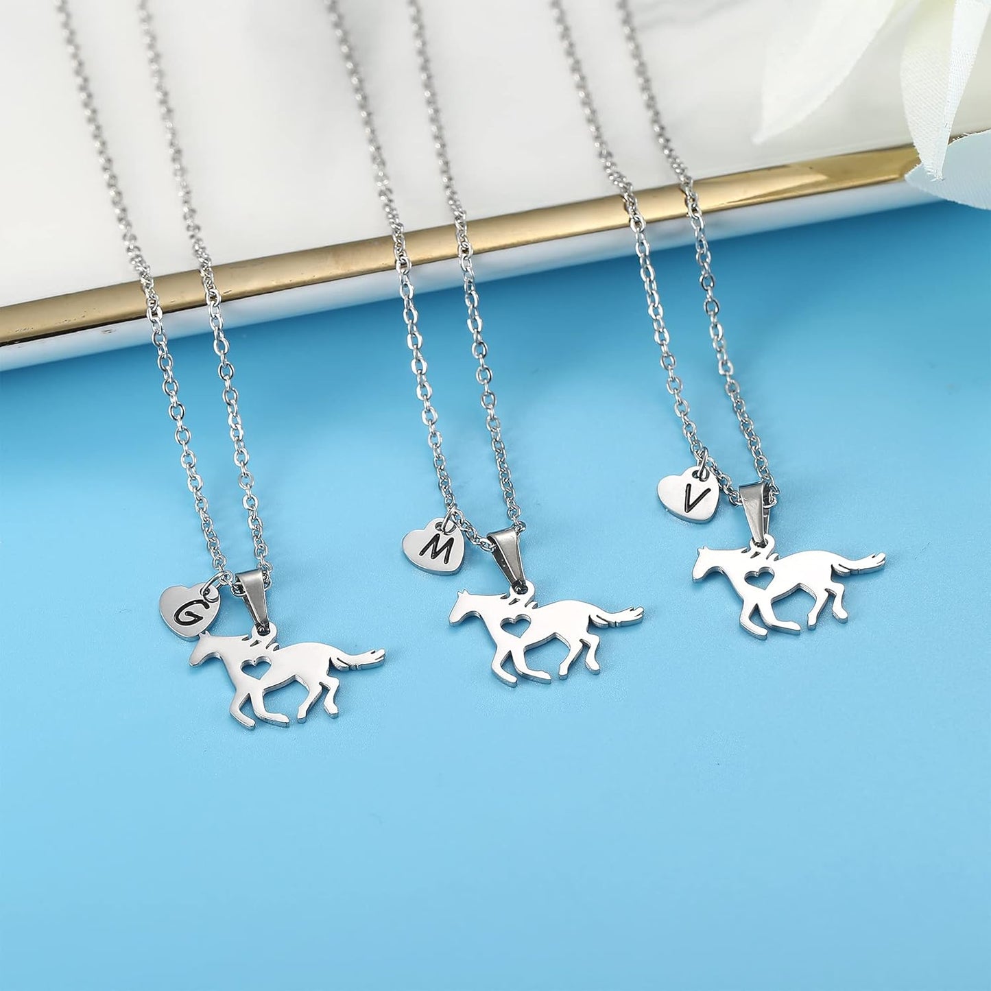 Women'S Initial K Heart Charm Necklace - Stainless Steel Dainty Horse Pendant Letter Necklace - Silver Tone