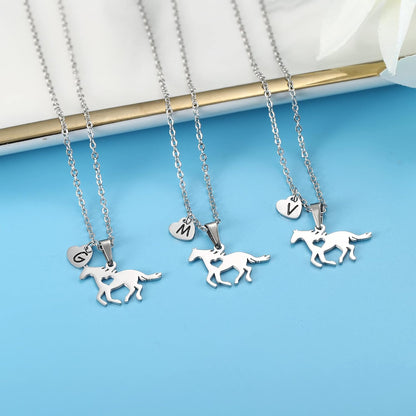 Women'S Initial K Heart Charm Necklace - Stainless Steel Dainty Horse Pendant Letter Necklace - Silver Tone