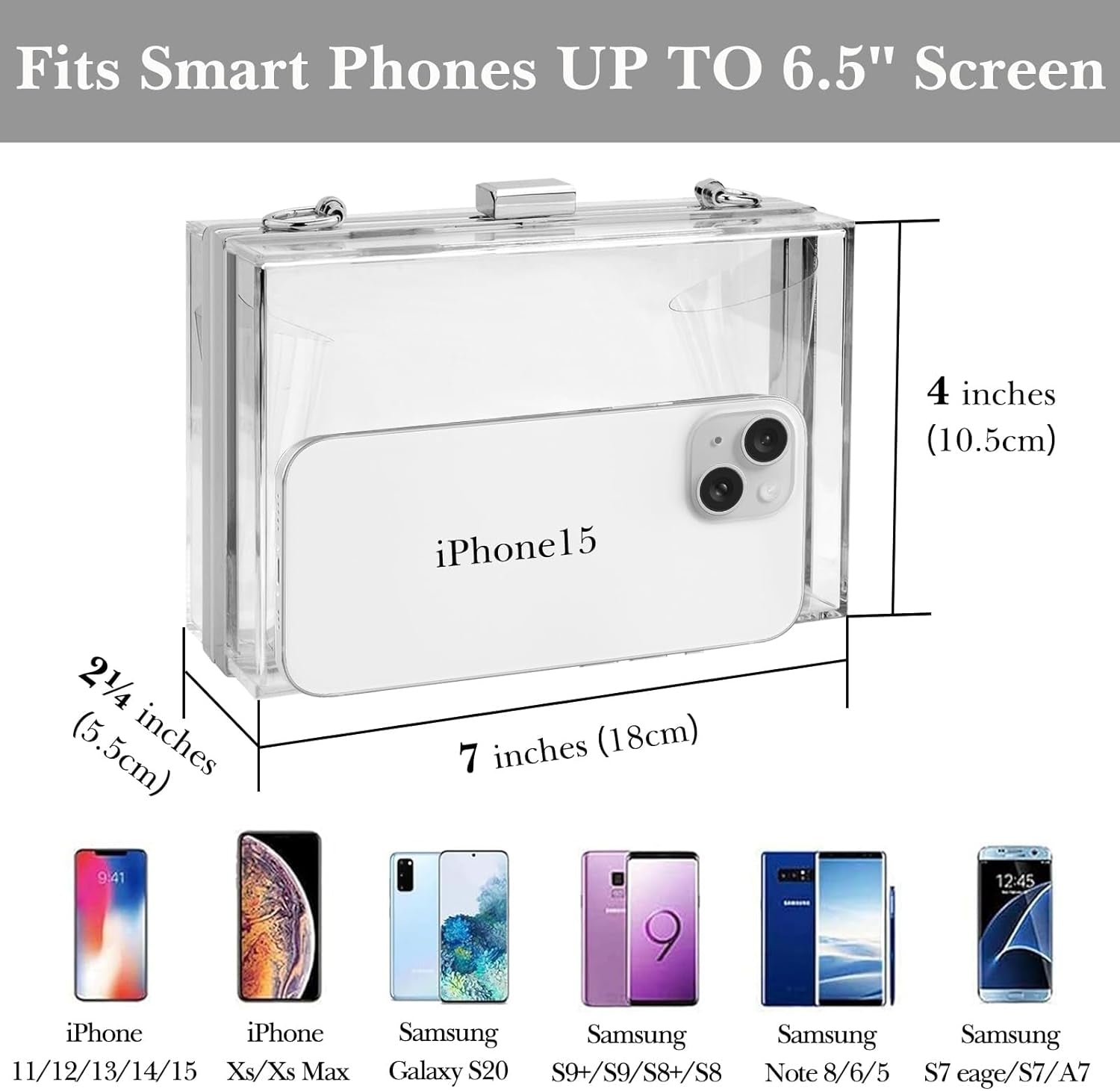 Acrylic Clear Clutch Bag, Women'S Clear Purse, Transparent Stadium Approved Crossbody Shoulder Evening Handbag with Two Detachable Chains for Wedding (Silver) (Fits Phones up to 6.5" Screen)