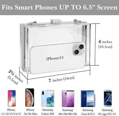 Acrylic Clear Clutch Bag, Women'S Clear Purse, Transparent Stadium Approved Crossbody Shoulder Evening Handbag with Two Detachable Chains for Wedding (Silver) (Fits Phones up to 6.5" Screen)