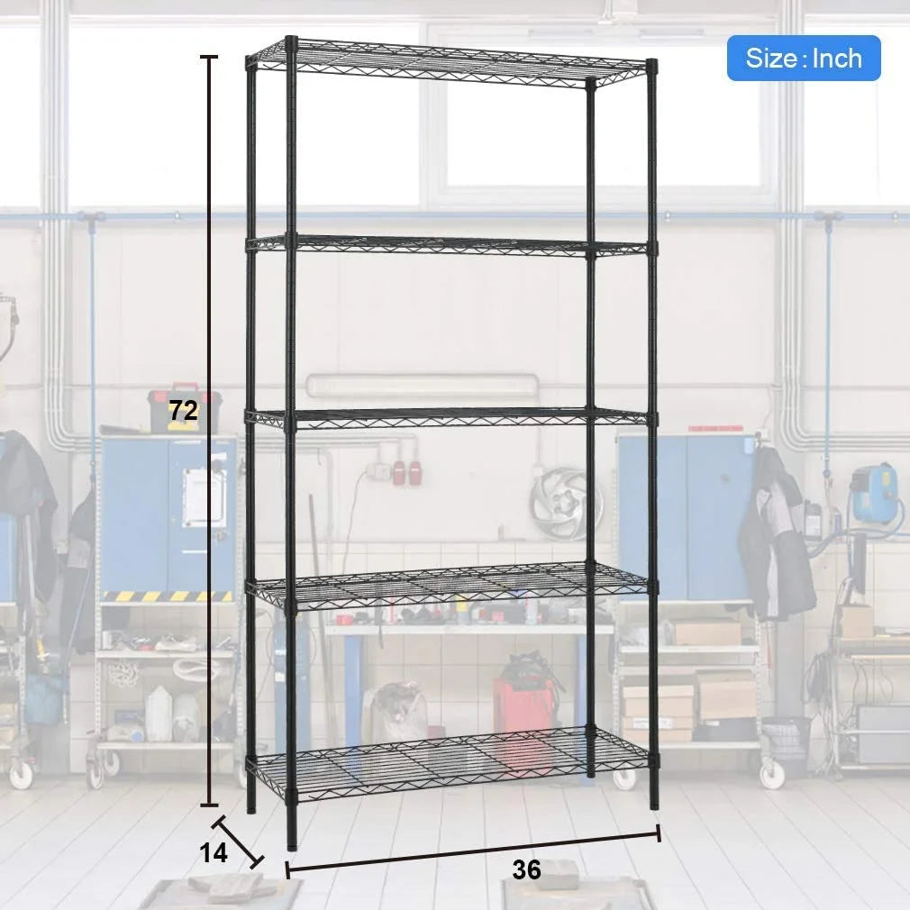 5 Tier Storage Shelves, 1250 Lbs Capacity Heavy Duty Wire Shelving Unit, NSF Metal Shelf, Adjustable Storage Rack for Garage Pantry Kitchen Office Laundry- 14" D X 36" L X72 H, Black