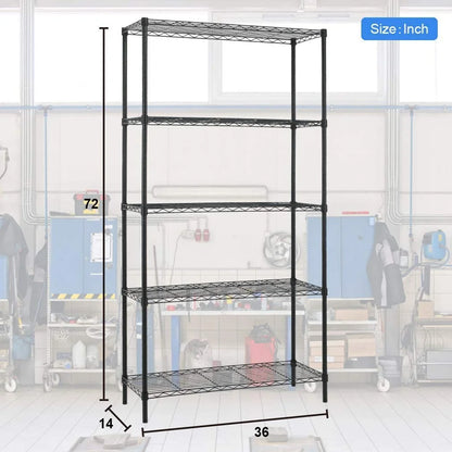 5 Tier Storage Shelves, 1250 Lbs Capacity Heavy Duty Wire Shelving Unit, NSF Metal Shelf, Adjustable Storage Rack for Garage Pantry Kitchen Office Laundry- 14" D X 36" L X72 H, Black