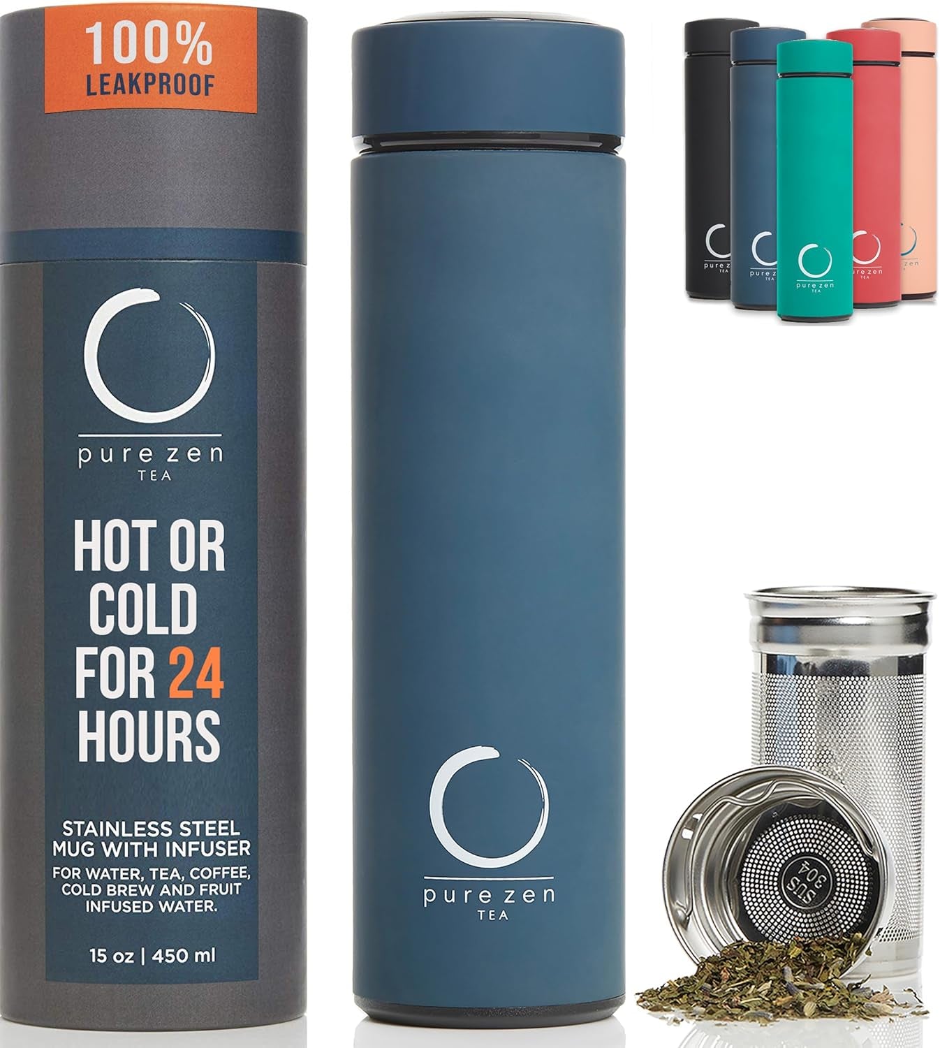 Stainless Steel Infuser Thermos for Hot and Cold Beverages - 15Oz Leakproof Travel Mug with Filter - Blue