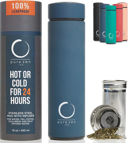 Stainless Steel Infuser Thermos for Hot and Cold Beverages - 15Oz Leakproof Travel Mug with Filter - Blue