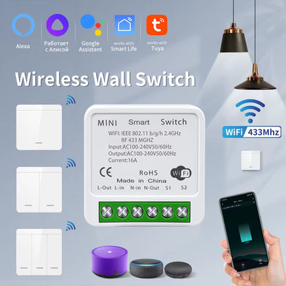 WiFi RF 433MHz Smart Switch - Tuya Smart Life Compatible with Alexa and Google Assistant for Remote Wireless Control of LED Lighting