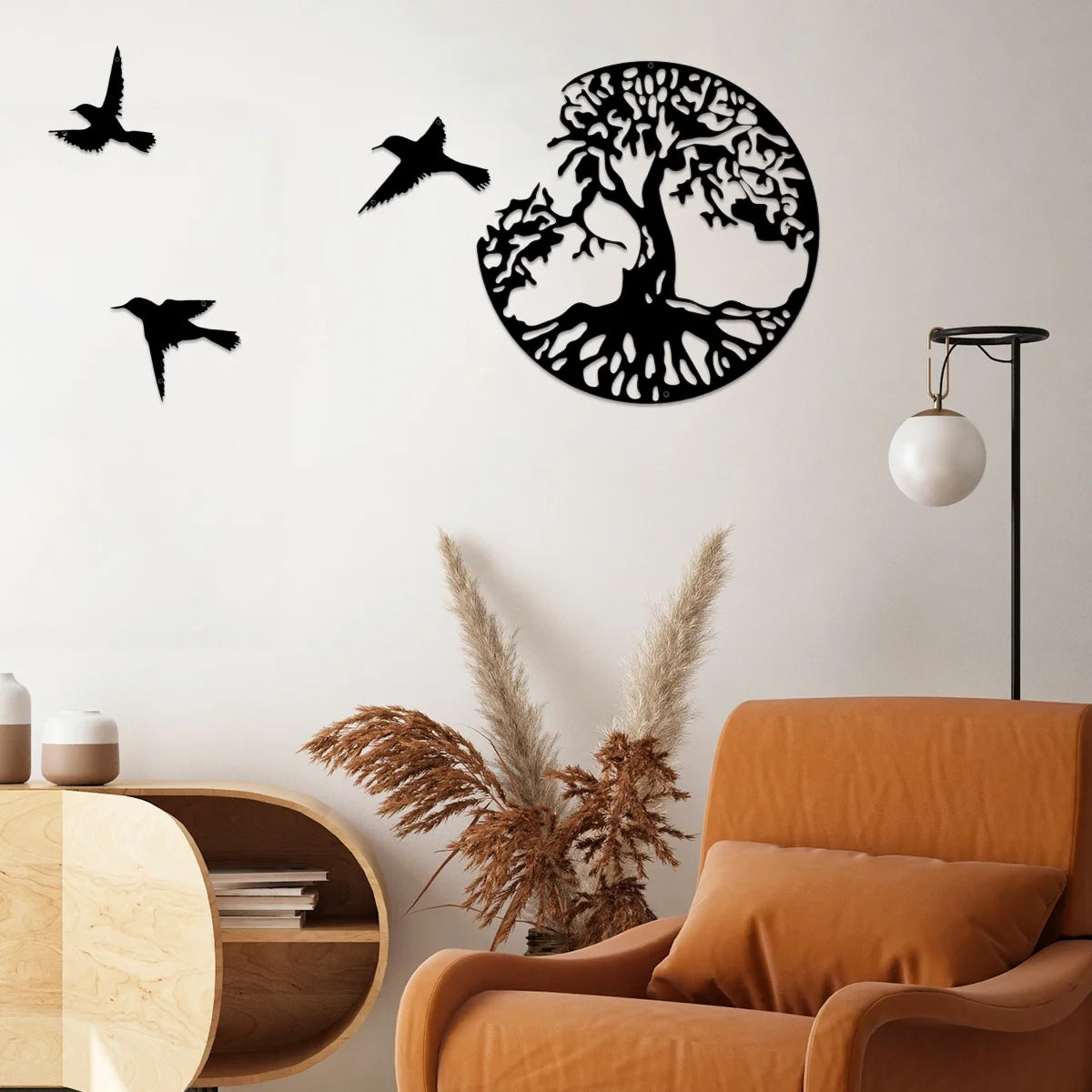 Tree of Life Wall Art Decor Metal Sculpture 11.8'' Family Tree Wall Hanging Decor with 3 Birds for Bedroom Living Room Dorm