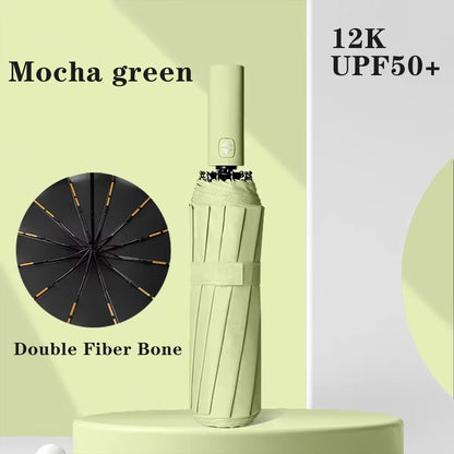 12 Bone Black Glue Fully Automatic Umbrella - Thick Durable Three-Fold UV Resistant Folding Design for Protection and Style