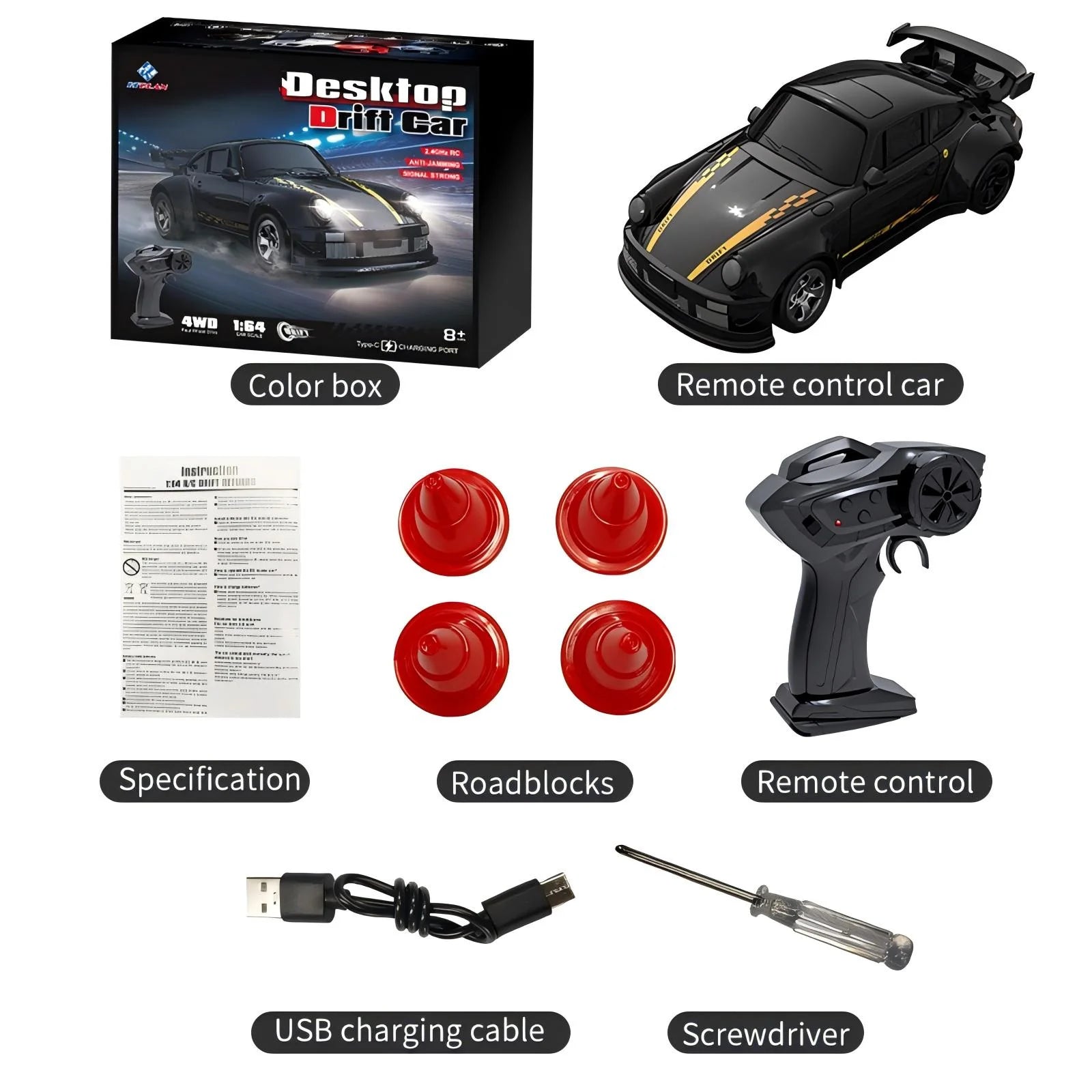 Mini RC Cars, 1:64 Drift RC Car, 2.4Ghz 4WD High Speed Remote Control Cars, Boy Toys 5-7, Black